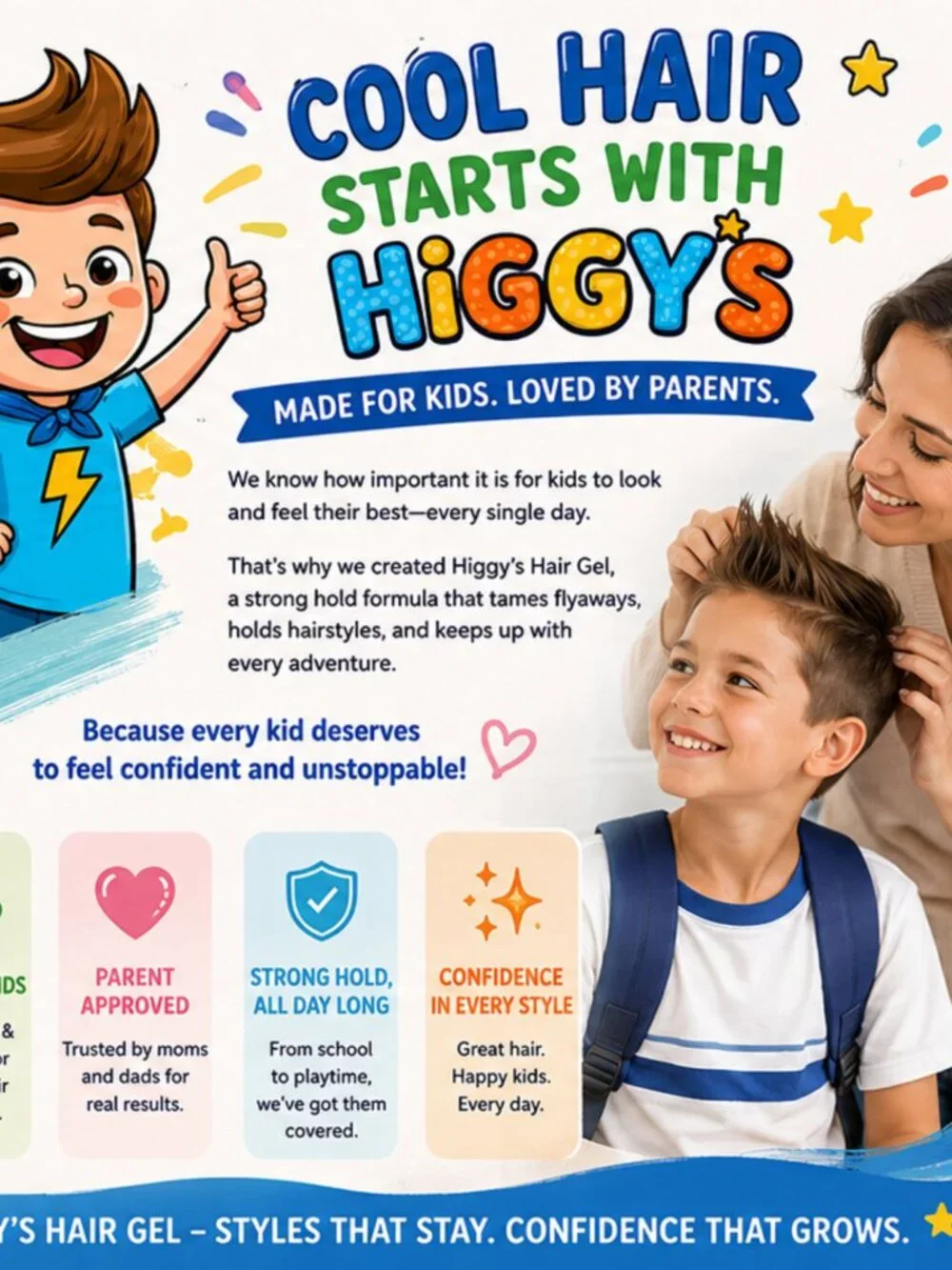 Higgy’s Kids Hair Gel Strong Hold 6oz – Water-Based Hair Styling Gel for Boys